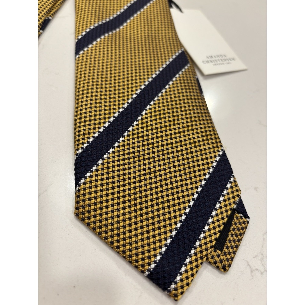 NWT Amanda Christensen Silk Tie Gold & Navy Classic Striped Sweden Made In Italy